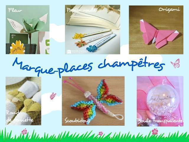  décoration mariage idées thème papillon champêtre marque place fleur en carton papier roulé 