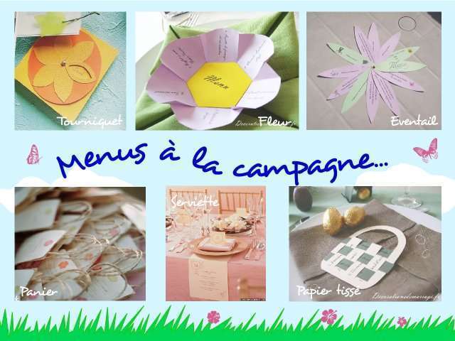  décoration mariage idées thème champêtre papillon menu tourniquet fleur éventail  panier tissé en papier 