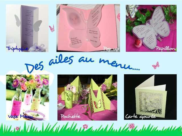  décoration mariage idées thème papillon champêtre menu carte triptyque  pop up  vase menu 