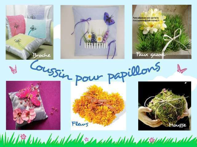  décoration mariage idées thème papillon porte alliance coussin faux gazon fleur palissade mousse loisirs créatifs